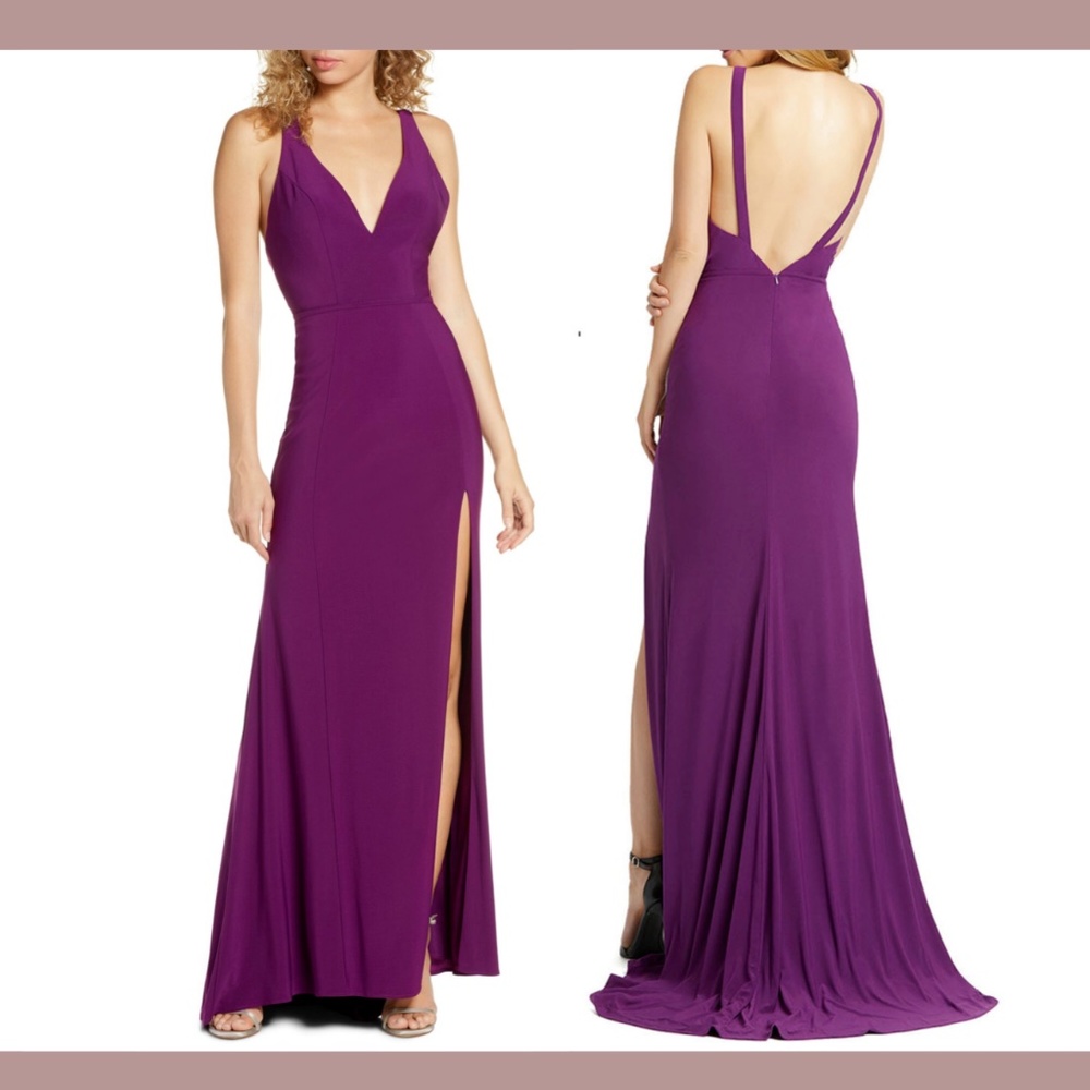 NWT $278 Ienna for Mac Duggal [ 10 ]‎ Deep V-Neck Slit Jersey Gown Aubergine
